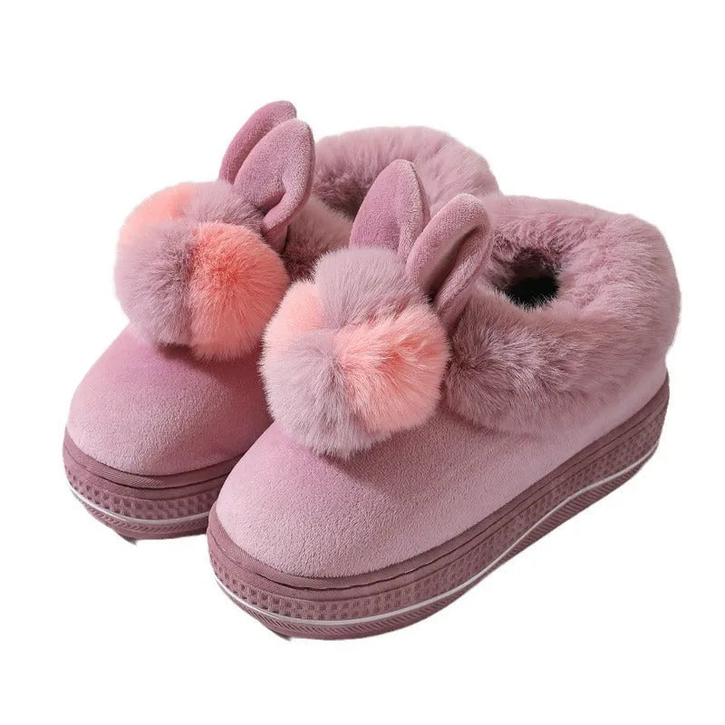 Women's black high heel winter slippers with plush upper and thick TPR sole
