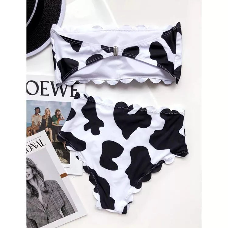 Black and white cow print wrapped breast bikini for women