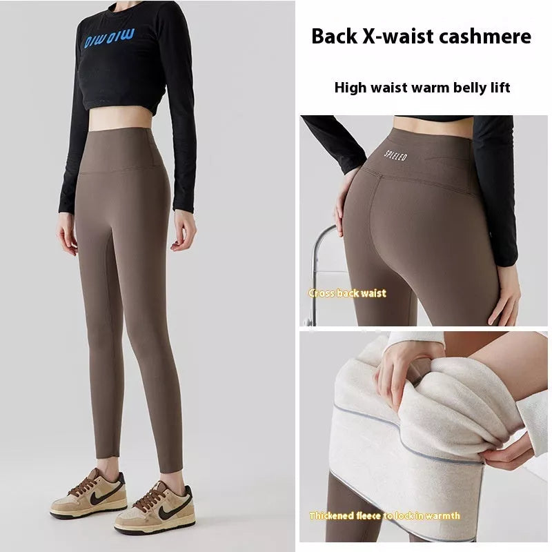 Women's high waist nylon leggings with plush interior for winter warmth in black, grey, and coffee color