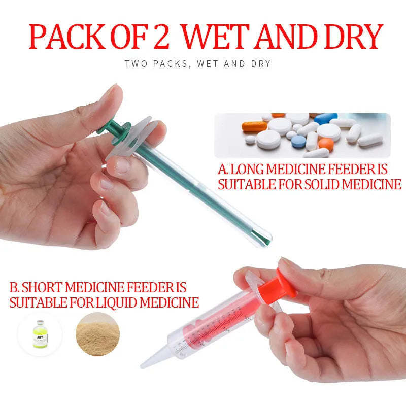 Two silicone pet pill shooters with soft tips for cat and dog medication.