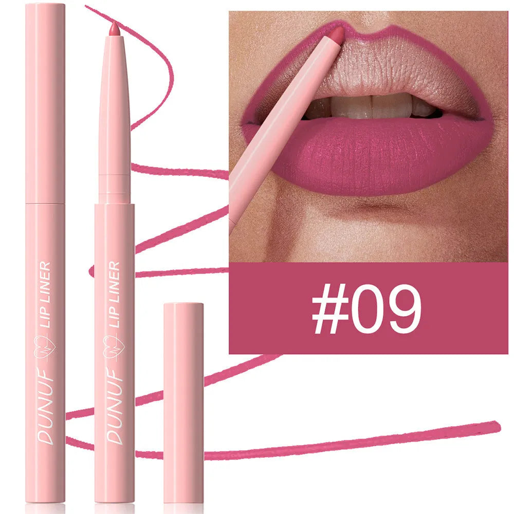Velvet matte lip liner pencil in one of 12 colours with soft blunt tip for lip definition