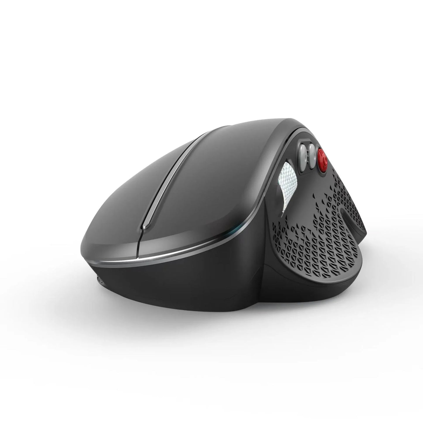 T32 black and silver grey wireless vertical ergonomic mouse with aluminium side roller.