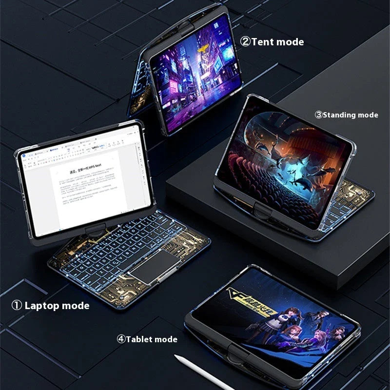 Versatile iPad keyboard cover with 360-degree rotation, silent buttons, and pen slot for enhanced productivity and style