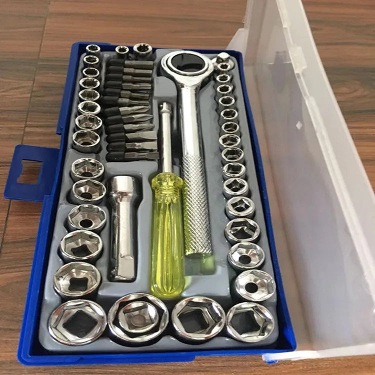 50-piece hexagonal spanner and socket set with 3/8-inch handle, metric and British sleeves, carbon steel