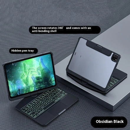 Versatile iPad keyboard cover with 360-degree rotation, silent buttons, and pen slot for enhanced productivity and style