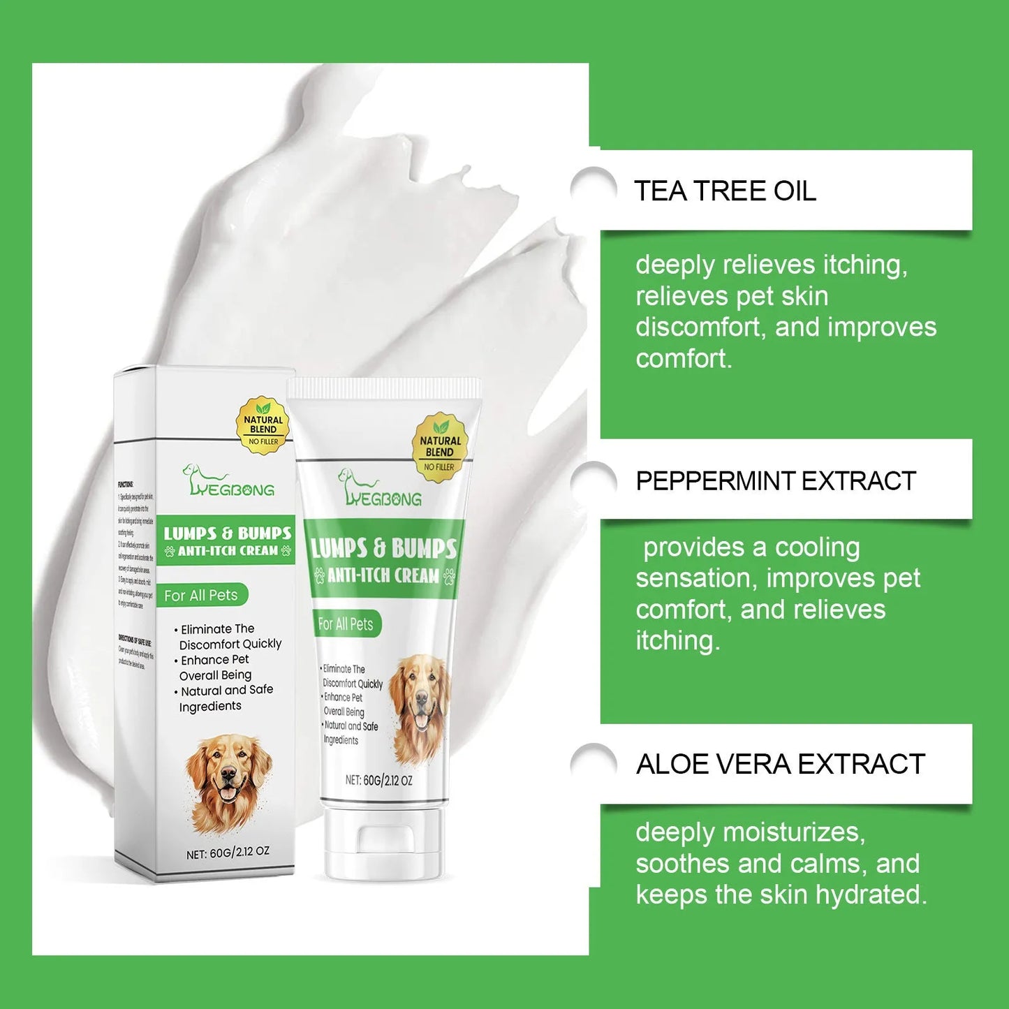 60g jar of natural pet antipruritic cream for cats with tea tree oil and aloe vera extracts.