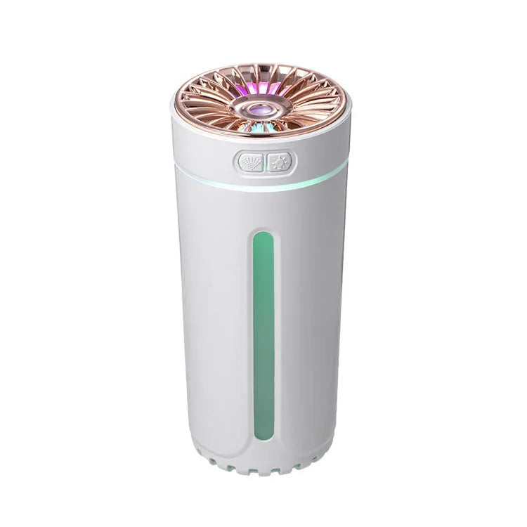 Black wireless car humidifier with colourful LED lights shown in vehicle cup holder