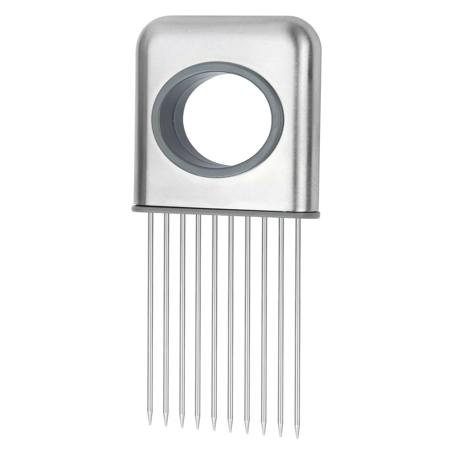 Stainless steel onion holder slicer tool with sharp prongs and a finger guard protector on a kitchen surface.