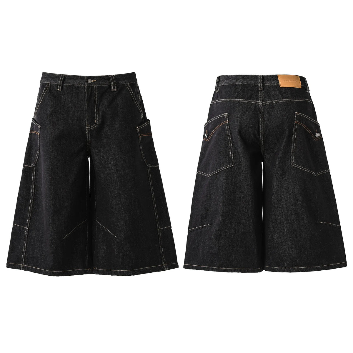 Men's black retro washed denim cropped pants with straight legs and side pockets laid flat