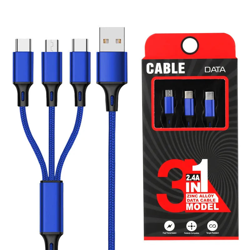 Three-in-one charging cable with nylon braid in red, blue, gold, black, silver, and rose gold colour options.