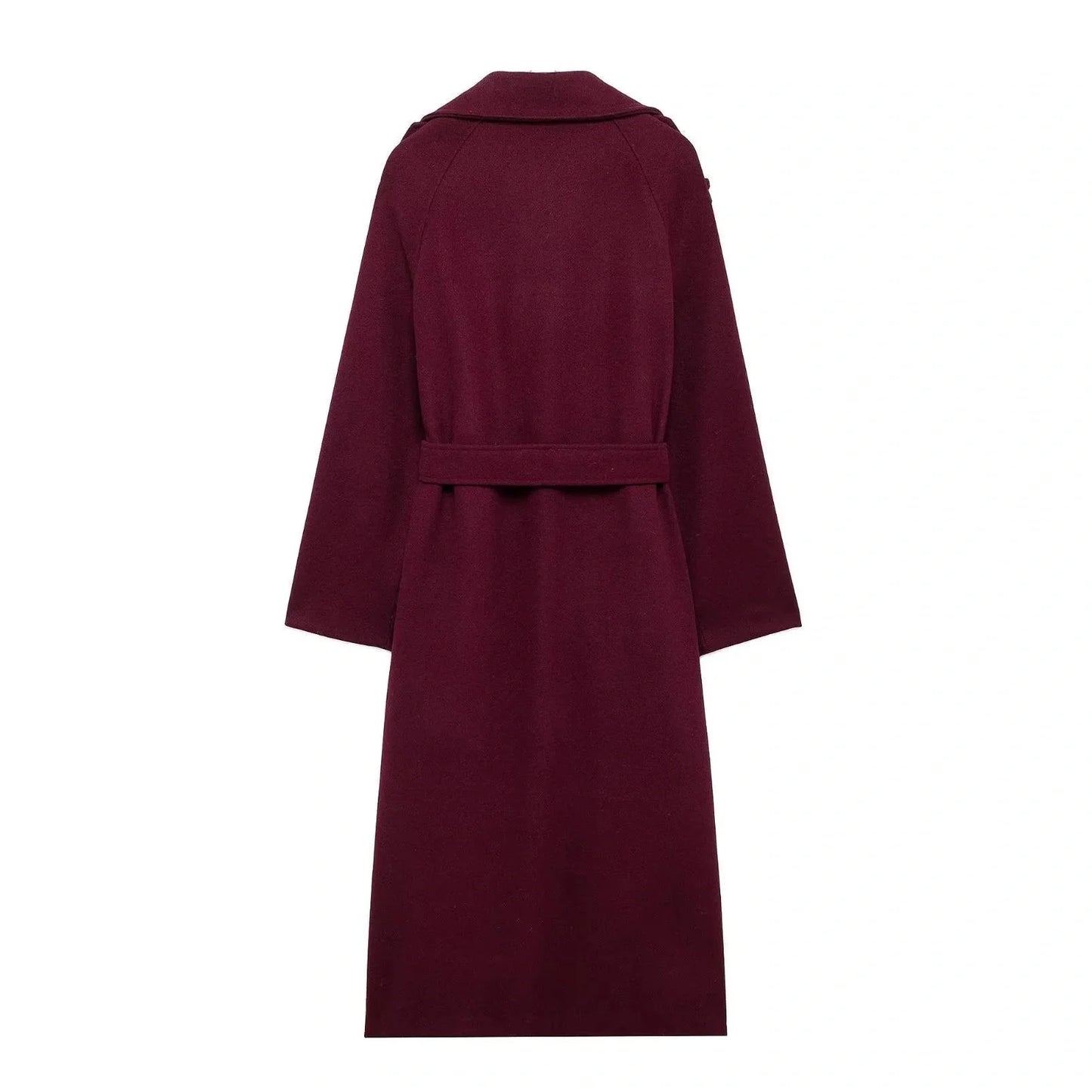 Premium woolen coat in wine red color with double-breasted design and belt for women's winter fashion