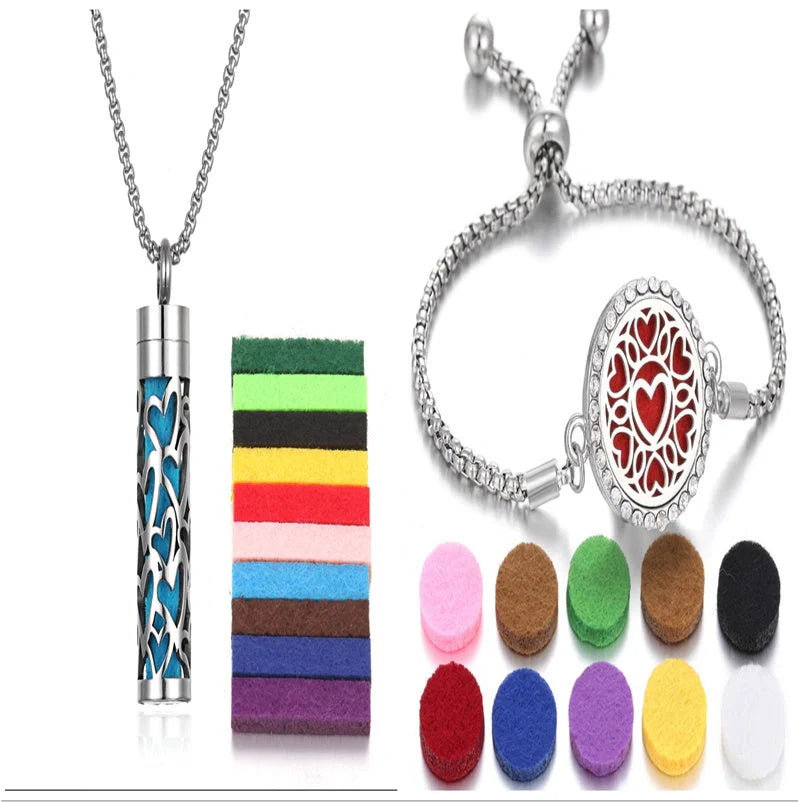 Aromatherapy bracelet with essential oil diffuser locket, featuring a variety of stylish charms and shapes