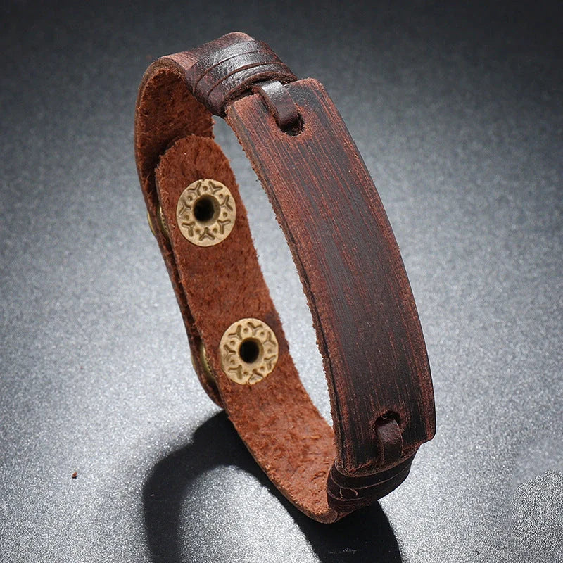 Adjustable leather bracelet with unique light board feature in light brown, black, and dark brown options.
