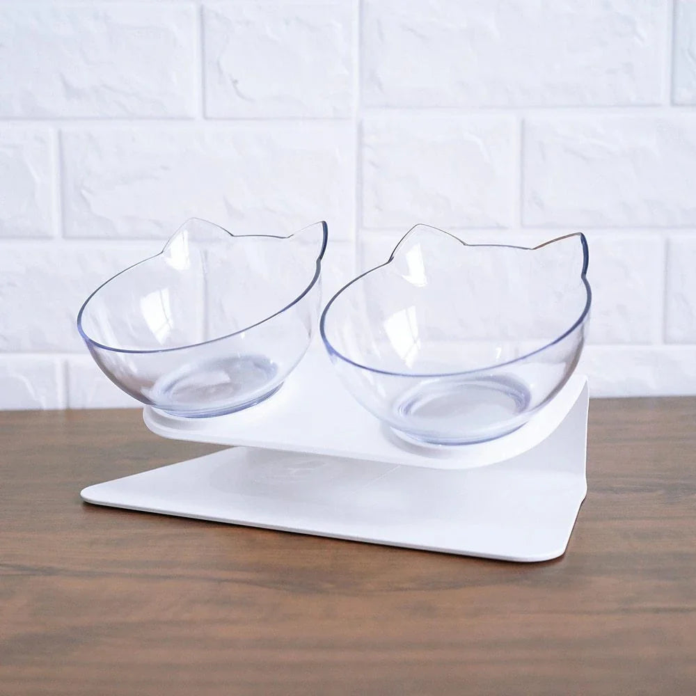 Elevated tilted double pet bowl with transparent design and adjustable stand