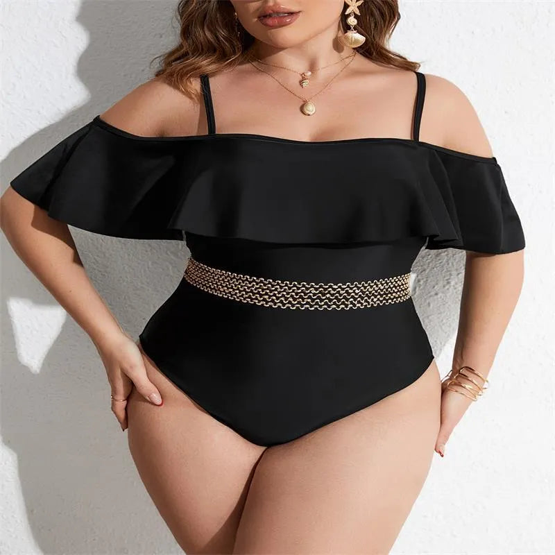 Black women's one-piece swimsuit on a mannequin, available in sizes 0XL to 4XL.