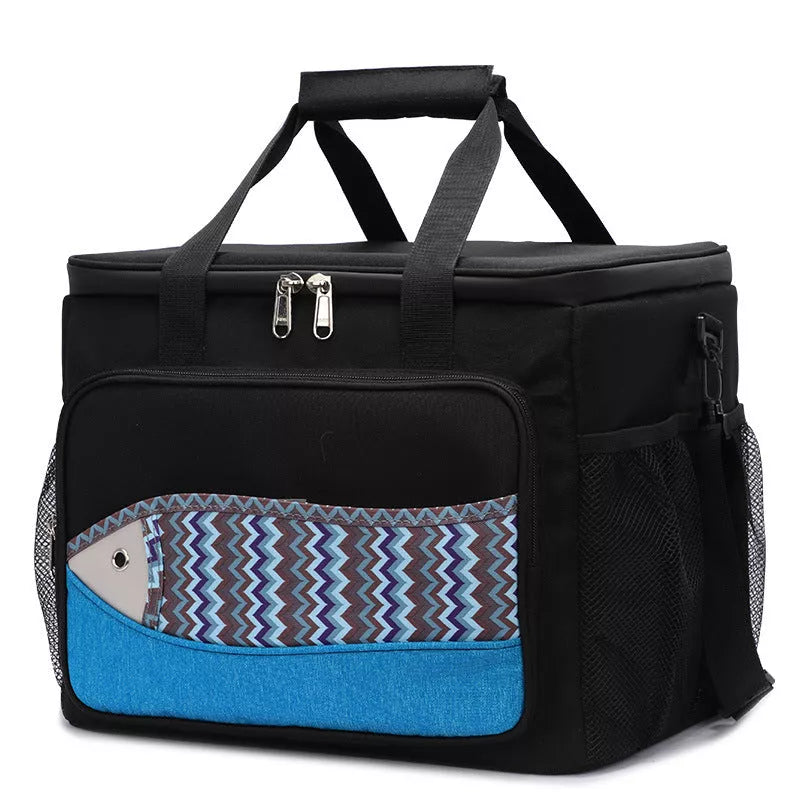 Fish pattern insulated cooler bag in various colors, perfect for outdoor picnics and lunches
