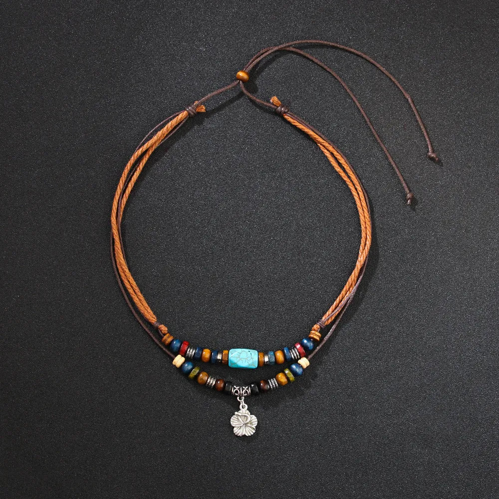 Men's wooden bead necklace with turquoise beads, wax rope cord and alloy geometric flower pendant