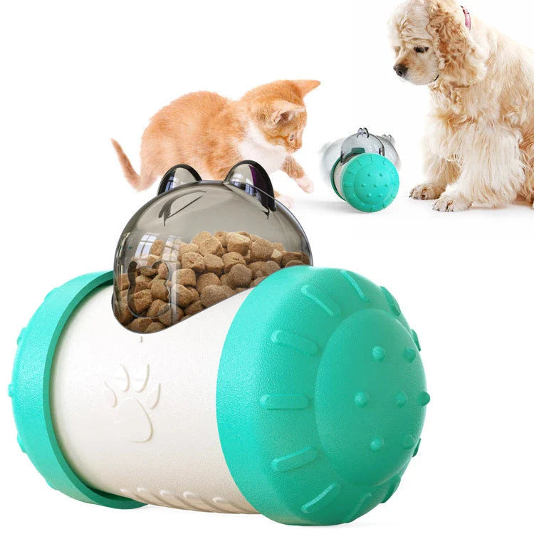 Colorful interactive food dispensing toy for cats and dogs, designed to engage and enrich your furry friend's mealtime experience