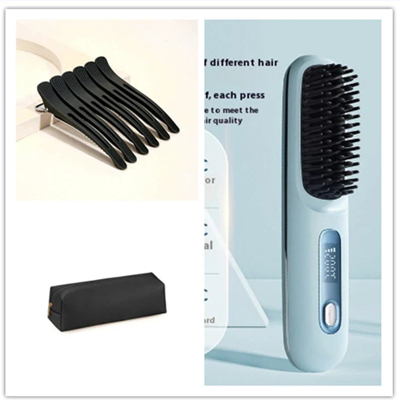 Wireless Hair Straightener Brush with fast heating, portable design, and USB charging