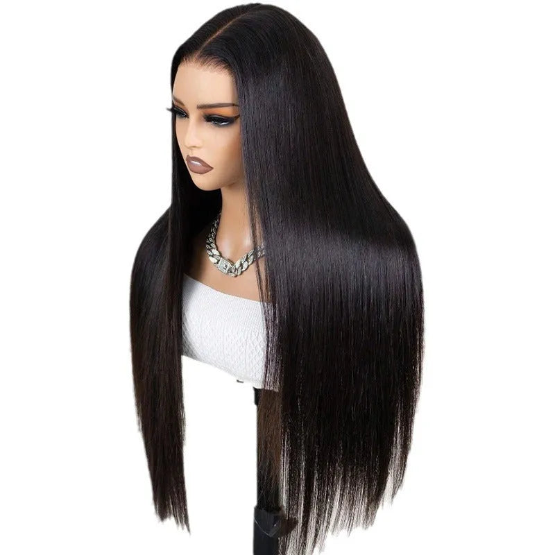 Black straight human hair wig with 13x6 lace front shown at various lengths