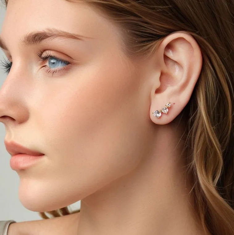 925 silver three-claw zircon earrings with geometric round shape in silver or gold colour