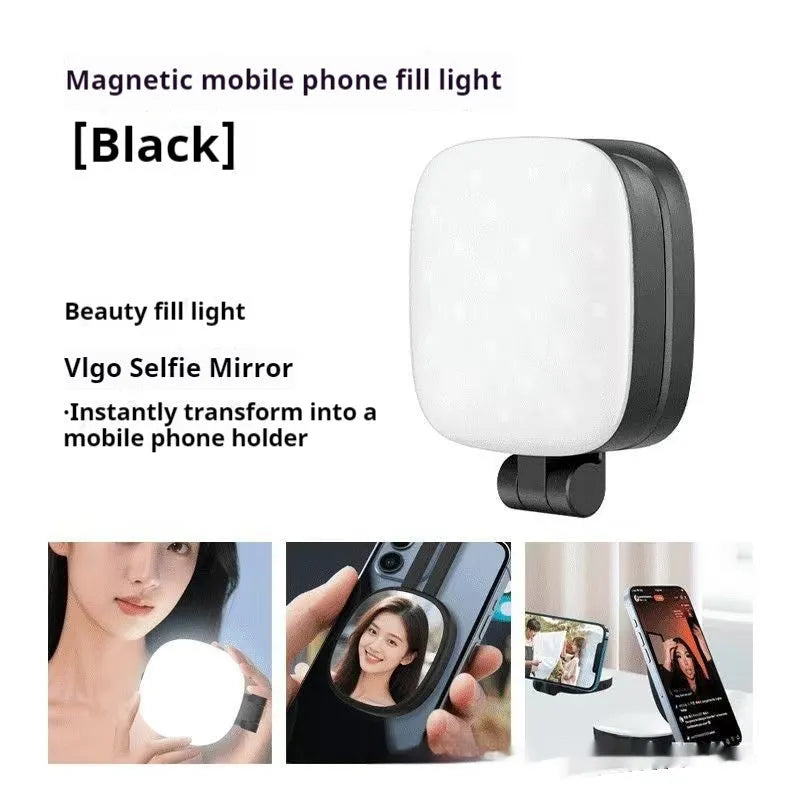 Black and white handheld mobile phone magnetic selfie fill light with adjustable brightness.