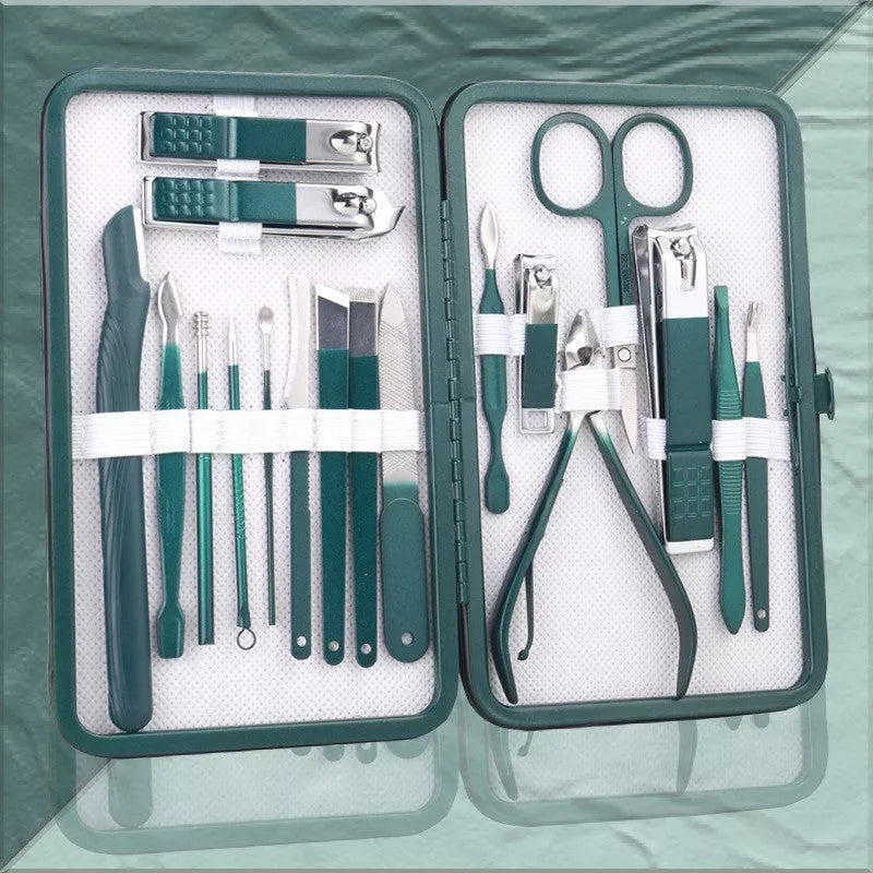 Professional stainless steel manicure set with emerald green case