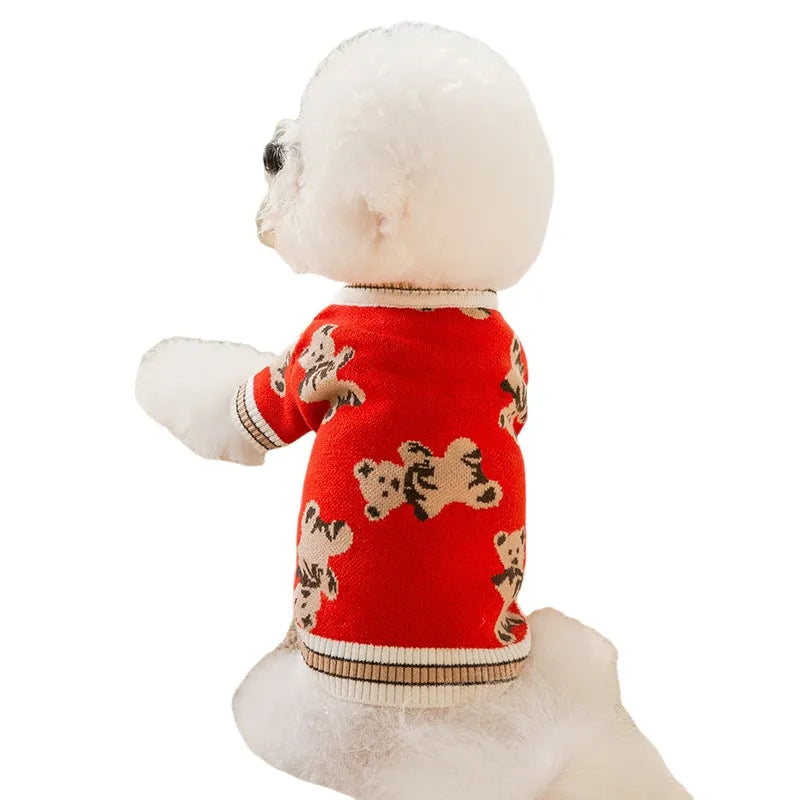 Bear pattern dog sweater in beige or red, lightweight polyester pullover for small dogs and cats, sizes XS to XL