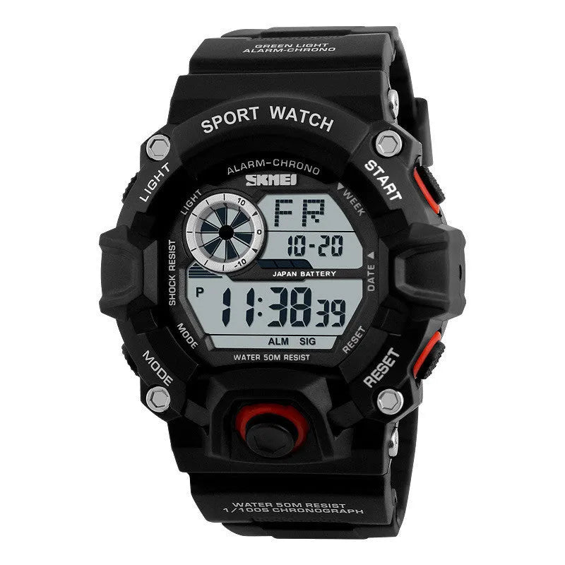Waterproof electronic watch with round dial, plastic strap, in army green colour, showing alarm and GMT functions.