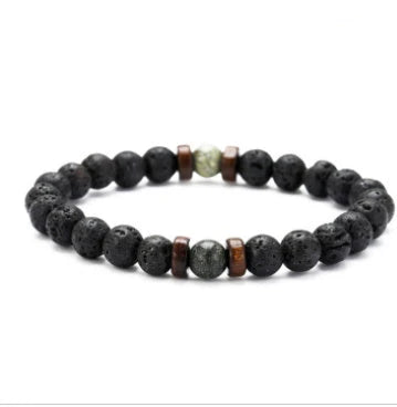 Stylish men's bracelet made with natural volcanic stone, flash stone, and wood chip in a geometric, mosaic-like design