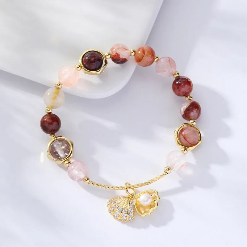 Women's cartoon style crystal bracelet with colourful hair crystal shell and red sealant flower shell designs
