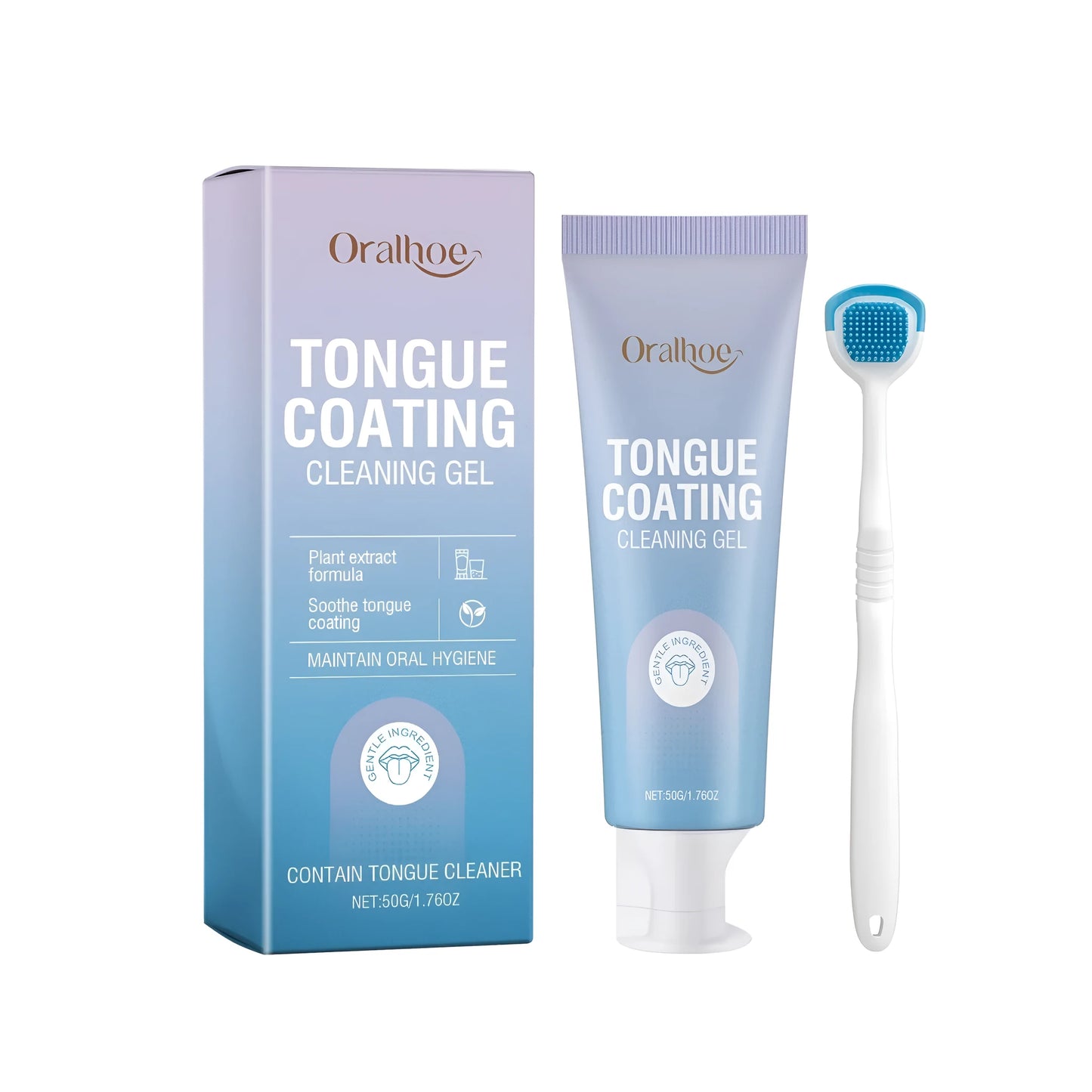 Tongue coating cleaning gel tube and brush for oral hygiene.