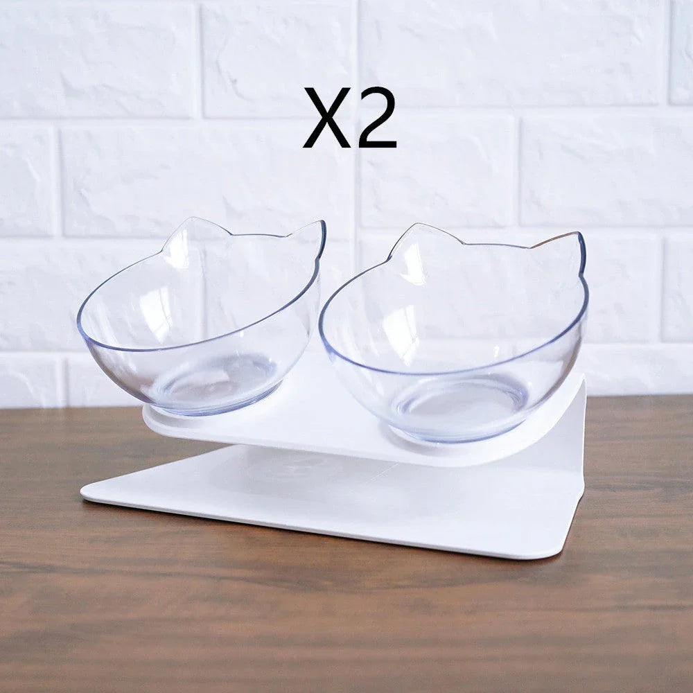 Elevated tilted double pet bowl with transparent design and adjustable stand