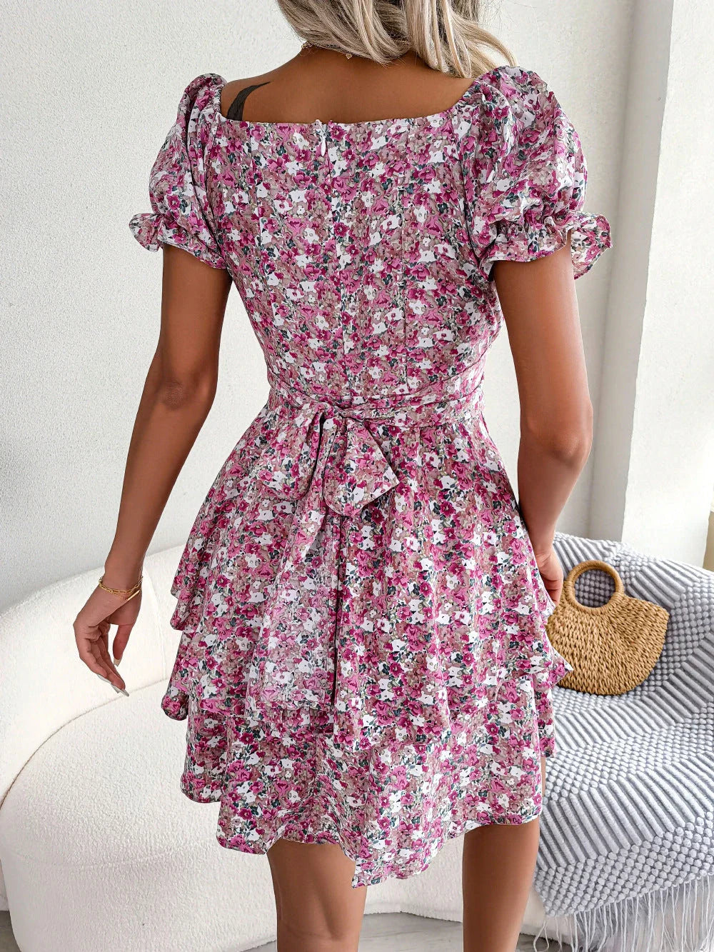 Elegant floral mini dress with A-line silhouette and short sleeves in a variety of vibrant colors