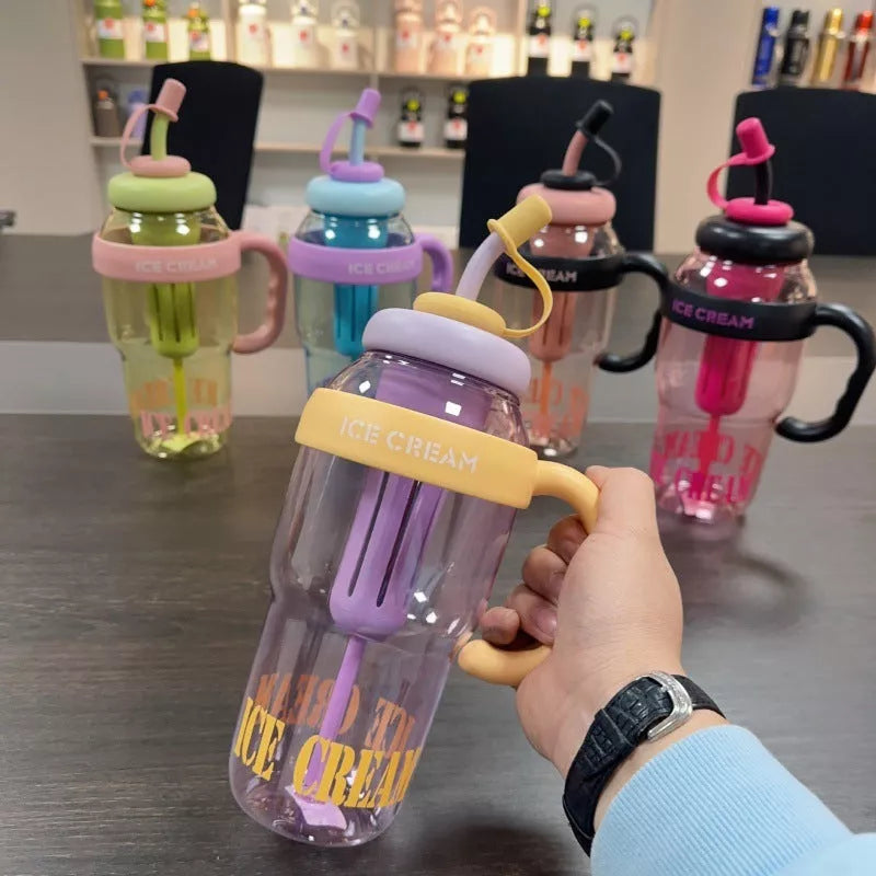 Cartoon design plastic water bottle with straw, 1200ml capacity, available in pink, purple, red, black, yellow