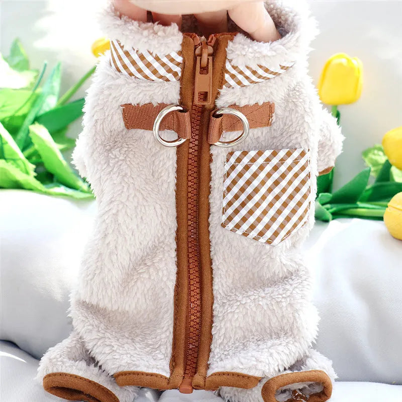 Green plush fleece dog jumpsuit coat with a back zipper and D-rings on a small dog.