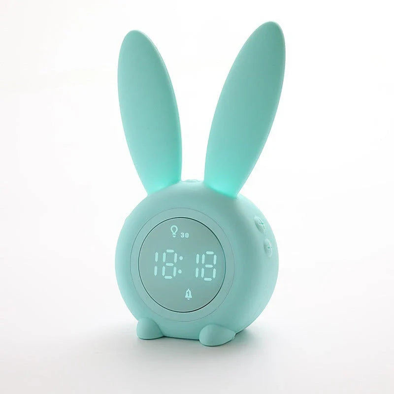 Adorable bunny-eared LED alarm clock with sound control, available in blue, green, and pink colors
