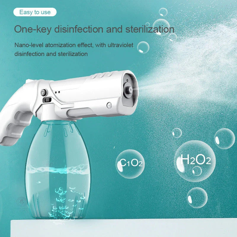 Cordless sanitizing spray gun with nano-atomization, UV disinfection, and long-lasting battery for versatile cleaning and disinfection in home, vehicle, and commercial settings.