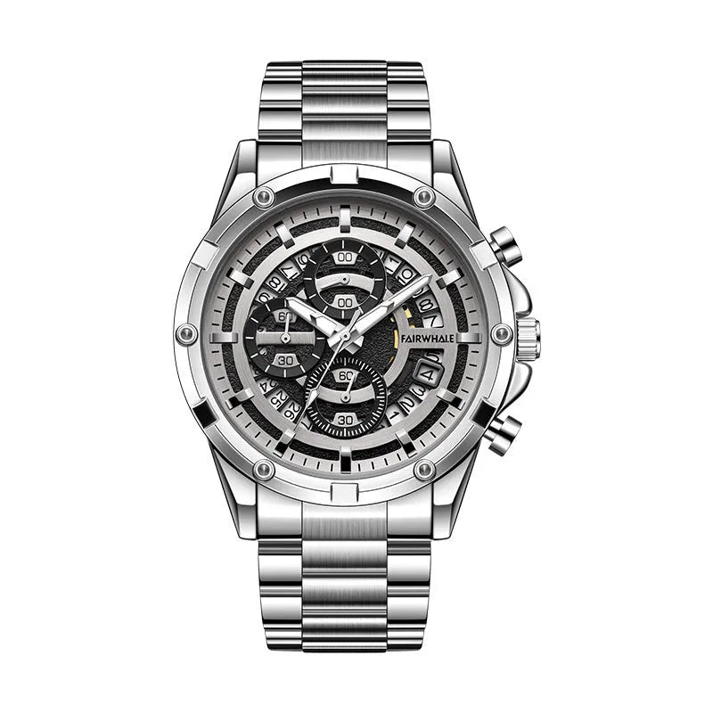 Men's waterproof luminous casual quartz watch with a steel belt, shown in black/blue, black/gold, and silver/white colour options.