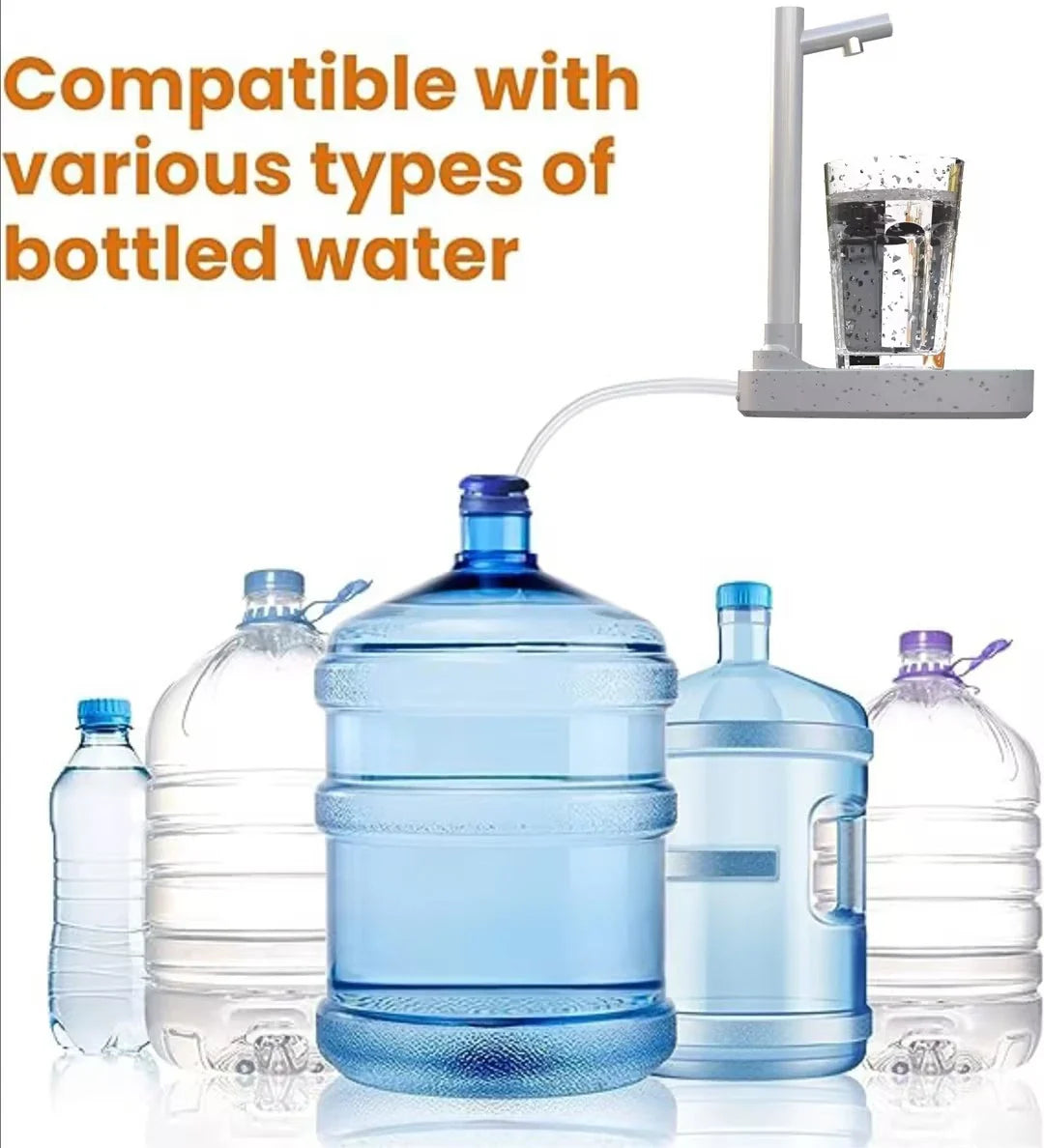 Rechargeable automatic water bottle dispenser with adjustable flow levels and extended pipe for versatile hydration