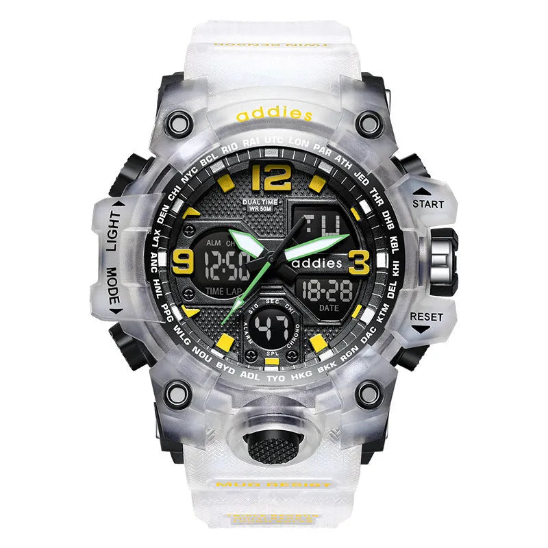 Men's electronic sports watch with dual display and stainless steel buckle in black, red, white and transparent white options
