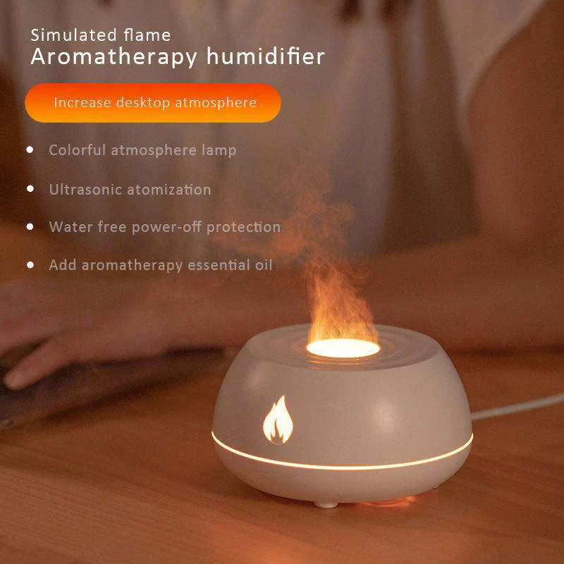 Aromatherapy diffuser with realistic flame-like lighting, color-changing mood lights, and essential oil diffusion capabilities