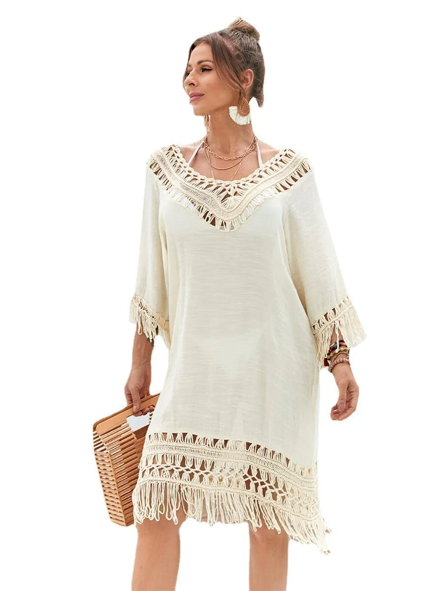 Apricot-coloured hand-crocheted beach dress with a solid design.