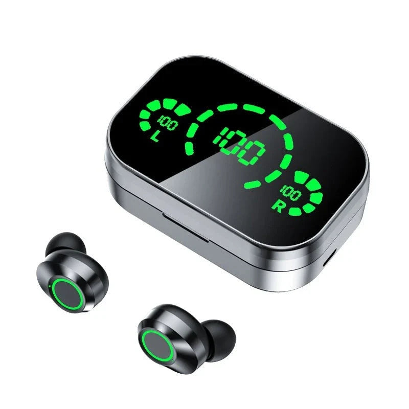 Premium wireless Bluetooth earbuds with smart digital display, noise-cancelling microphone, and graphene composite diaphragm for superior sound quality
