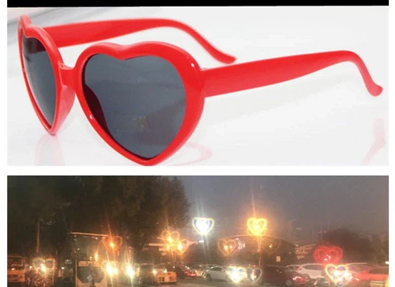 Stylish heart-shaped lighting sunglasses with a plastic frame and resin lenses, creating a mesmerizing effect for romantic occasions