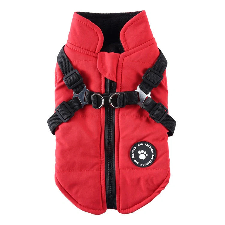 Cozy padded jacket with adjustable chest strap for pets, available in various colors and sizes.
