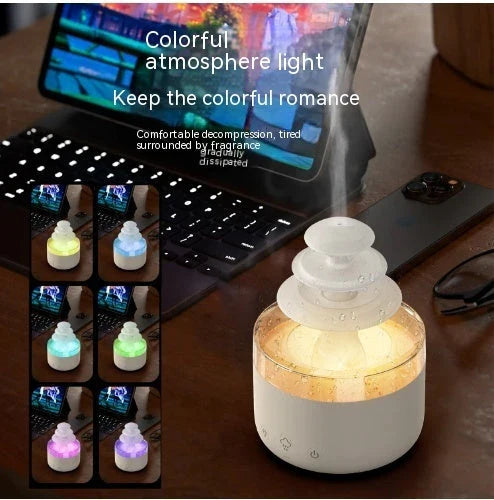 Soothing cloud-shaped humidifier with raindrop lights, aromatherapy diffuser, and sleep-promoting functions for a tranquil ambiance