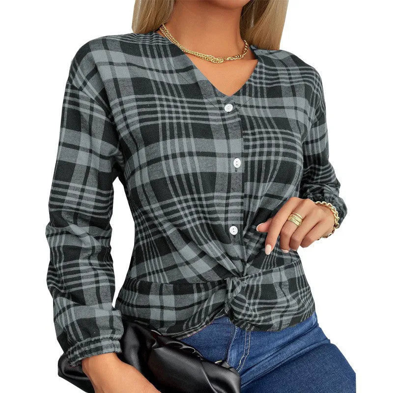 Women's plaid shirt in purple, grey, or red with regular sleeves and loose fit, showing size range S to 3XL