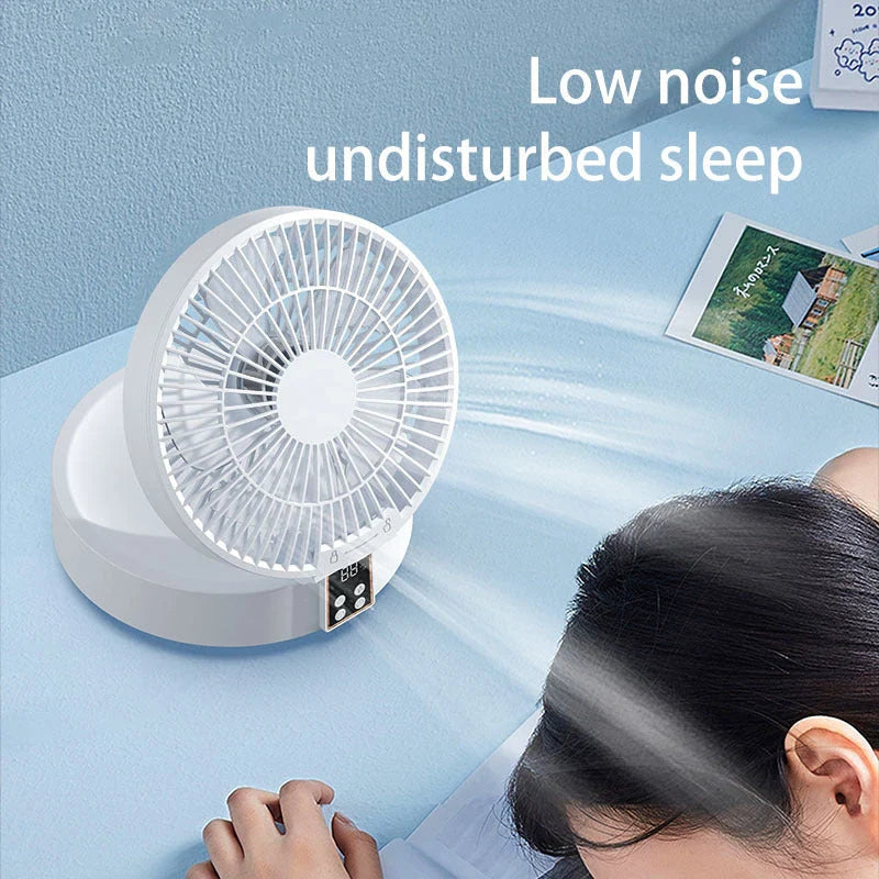Rechargeable USB desk and wall-mounted fan with folding design, adjustable wind speeds, and warm ambient nightlight