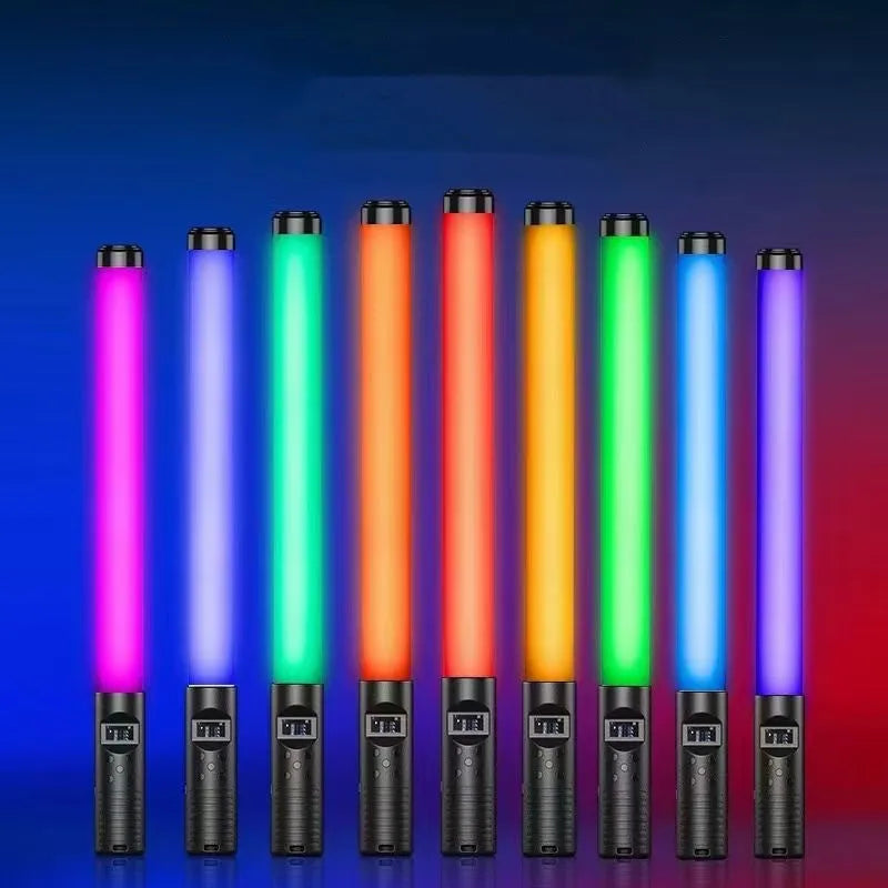 Black RGB LED handheld light stick with 5V USB power, 6mm screw, dimmable brightness, and remote control for photography